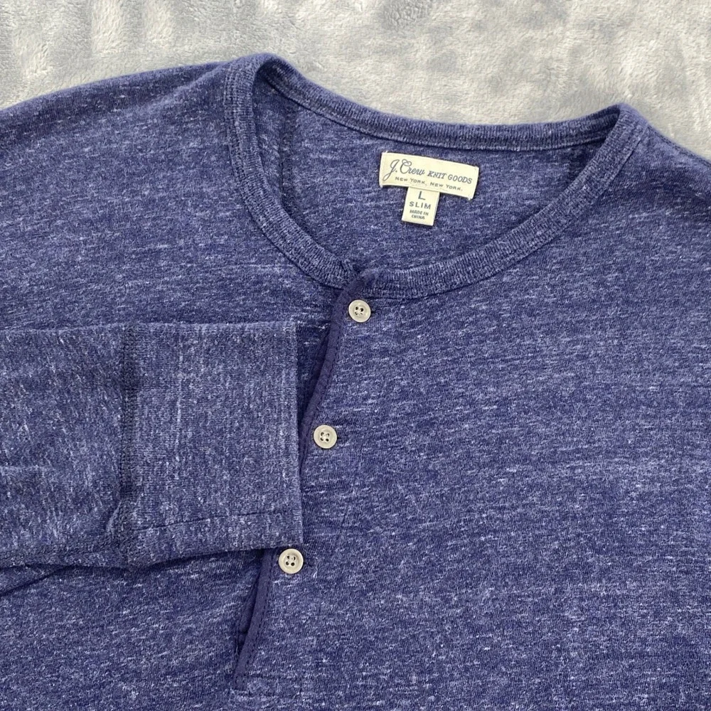 J. Crew Knot Goods Mens Large Slim Fit Long Sleeve Henley Shirt Blue Heathered